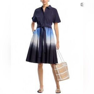 Tie-Waist Ombre Shirt Dress in Navy and Blue
